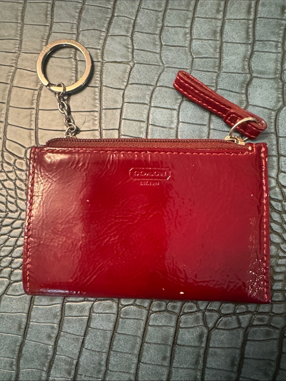 Vintage Coach Glossy Cherry Red Patent Leather Card Case with Keyring